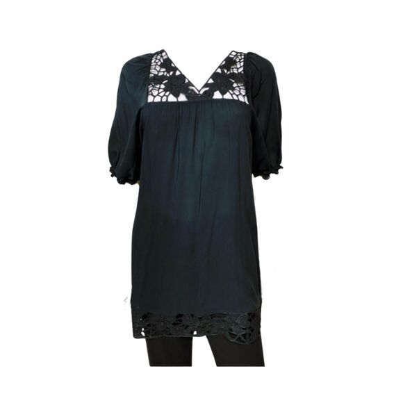 BCBGMaxAzria Tunic Dress Women's Large Black Mini Shift Puff Sleeve Lace Detail - Picture 1 of 9